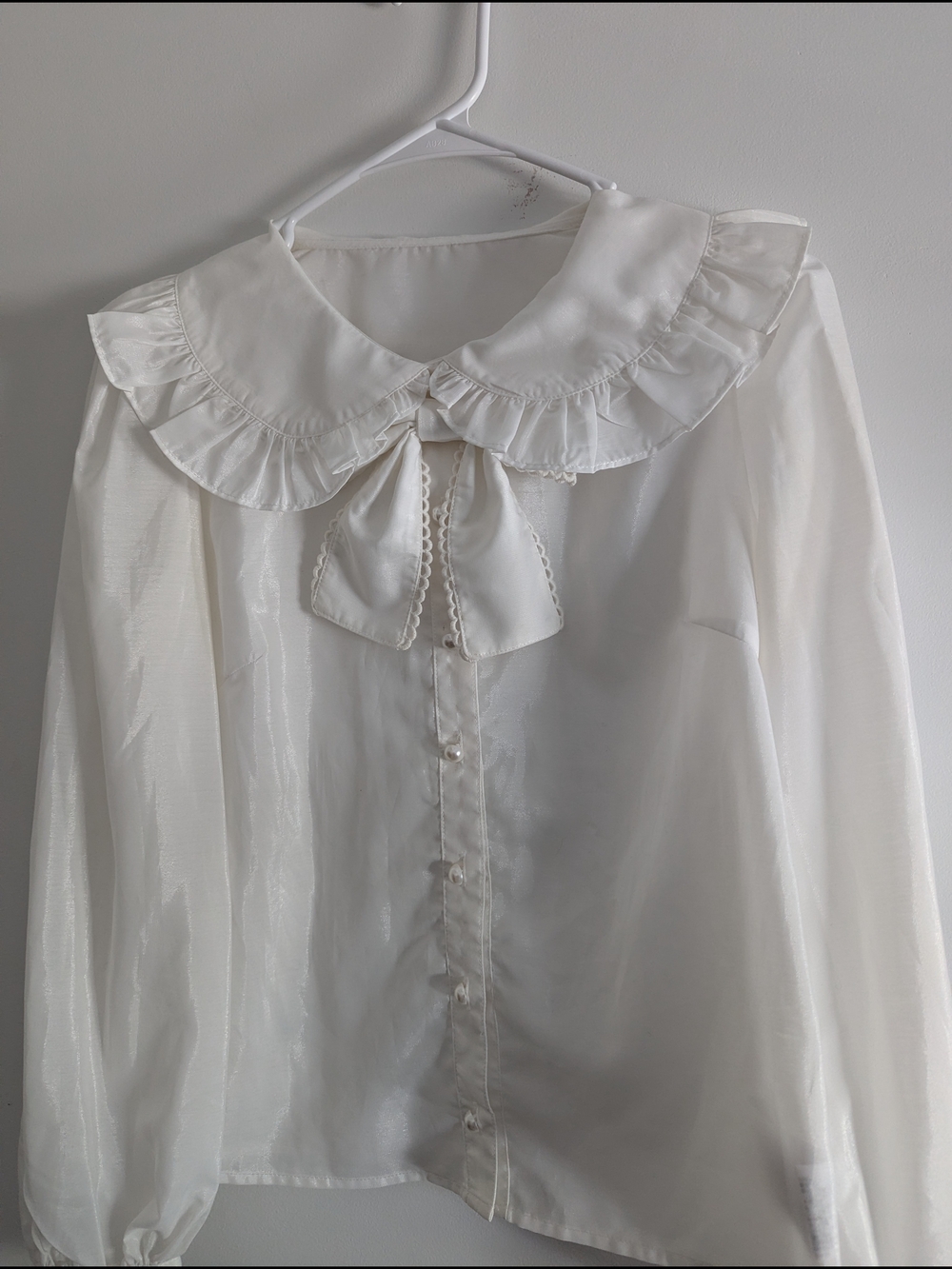 Japanese Sheer White Ruffled Collar Blouse with Bow Size Small - Picture 3 of 7